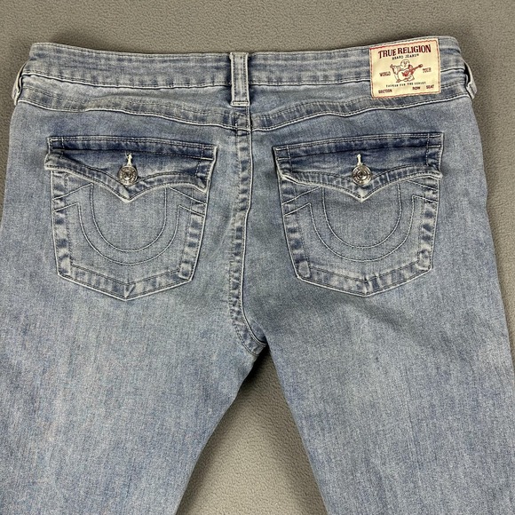 True Religion Jeans Womens 34 Light Wash Denim Joey Low Rise Flare Raw Hem - Picture 8 of 11
